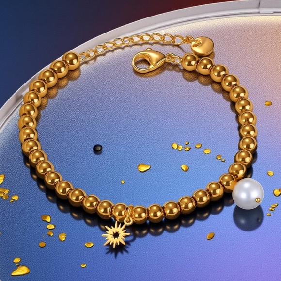 ๐๏ธ18K Gold Plated Stainless Steel Beaded Bracelet with Sun & Pearl Charms โจ - Picture 7 of 12